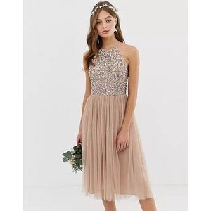 ASOS Maya Bridesmaid Halter Neck Midi Tulle Dress Tonal Delicate Sequins NWT